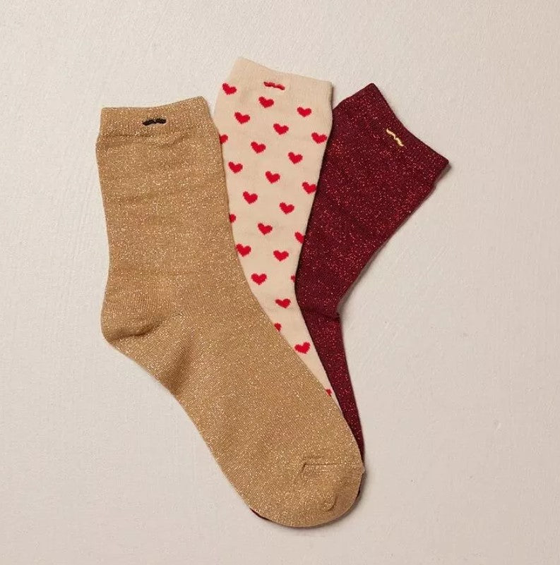 Pack de 3 chaussettes - petit coeur bordeaux doré