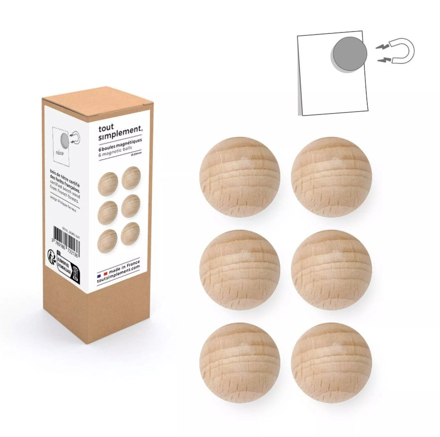 Pack de 6 petites boules magnétiques en bois naturel