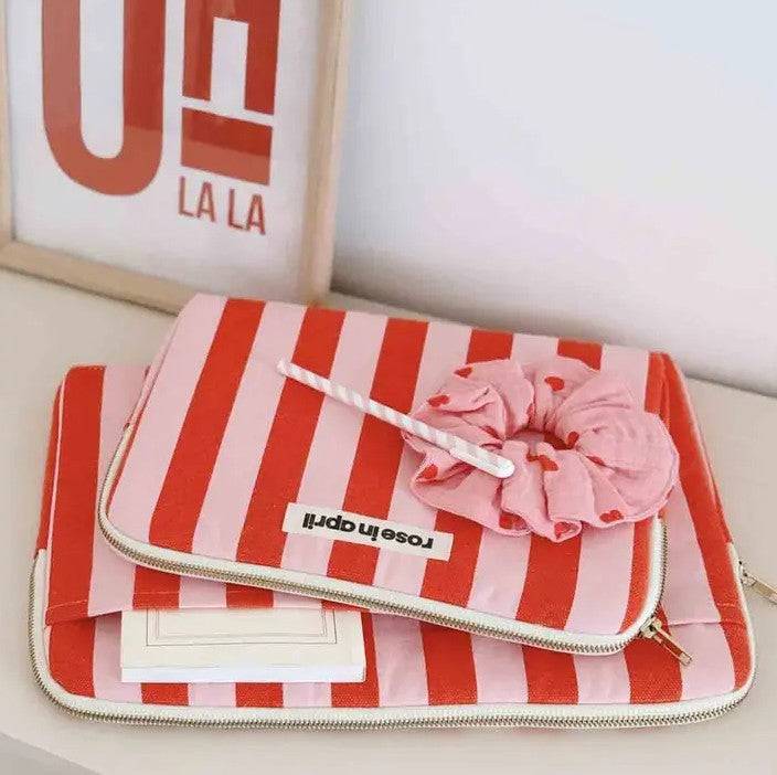 Pochette iPad Anouk - Rayures - Tomato / candy pink