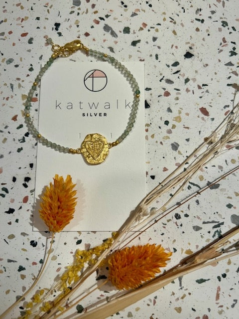 Bracelet - messing - pierres prénite et piece martellée coeur