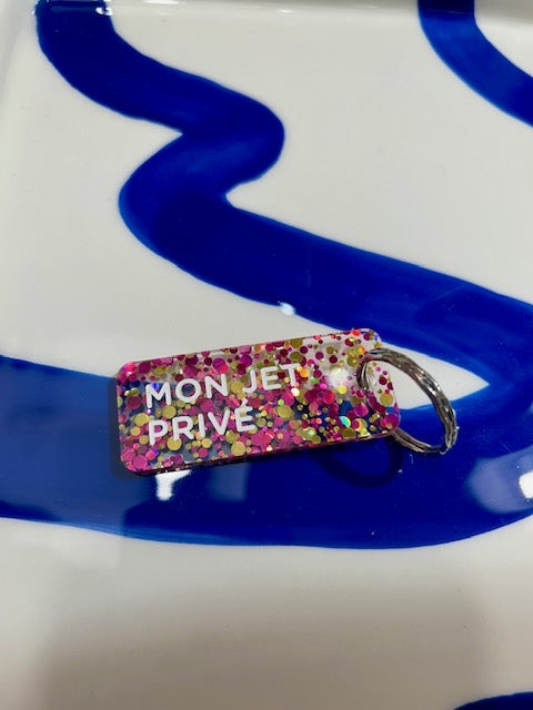 Porte clés à paillettes - Mon jet privé - Fuchsia/or