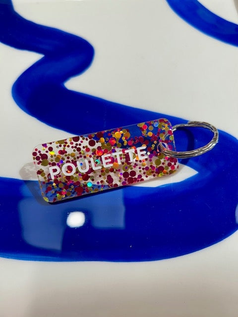 Porte clés à paillettes - Poulette - fuchsia/or