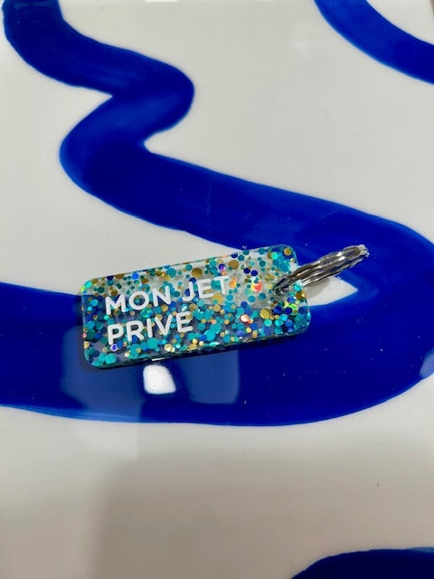 Porte clés à paillettes - Mon jet privé - Bleu/or/vert