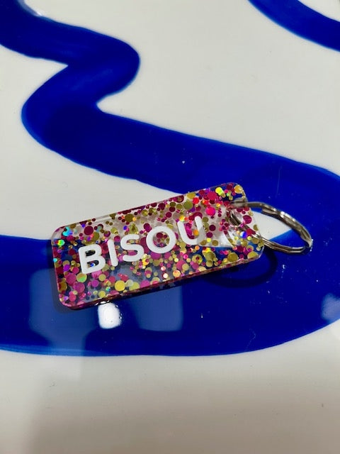 Porte clés à paillettes - Bisou - Fuchsia/or
