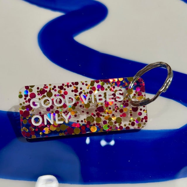 Porte clés à paillettes - Good vibes only - Fuchsia/or