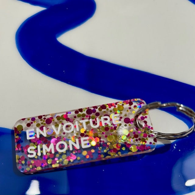 Porte clés à paillettes - En voiture Simone - Fuchsia/or