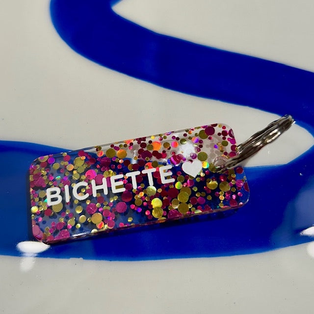 Porte clés à paillettes - Bichette - Fuchsia/or