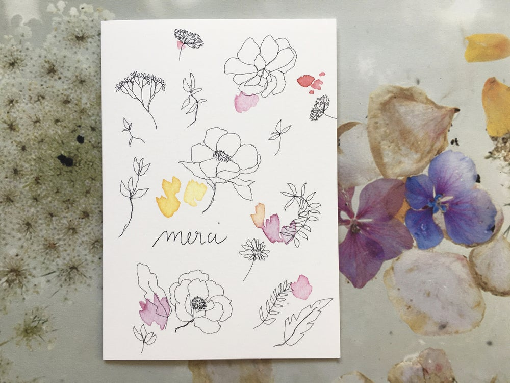 Carte Postale Double - merci (églantine et aquarelle colorée)