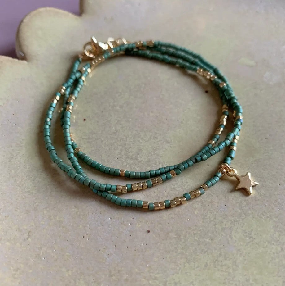 Bracelet triple/collier Axelle - Vert mousse