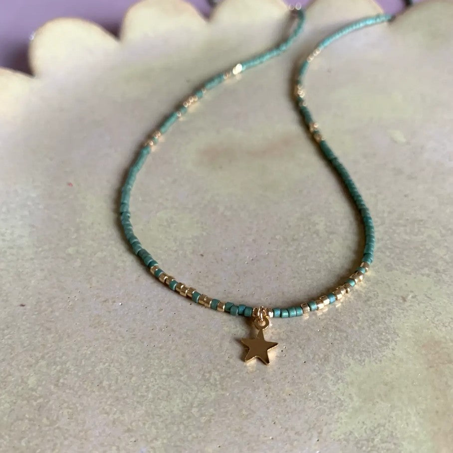 Bracelet triple/collier Axelle - Vert mousse