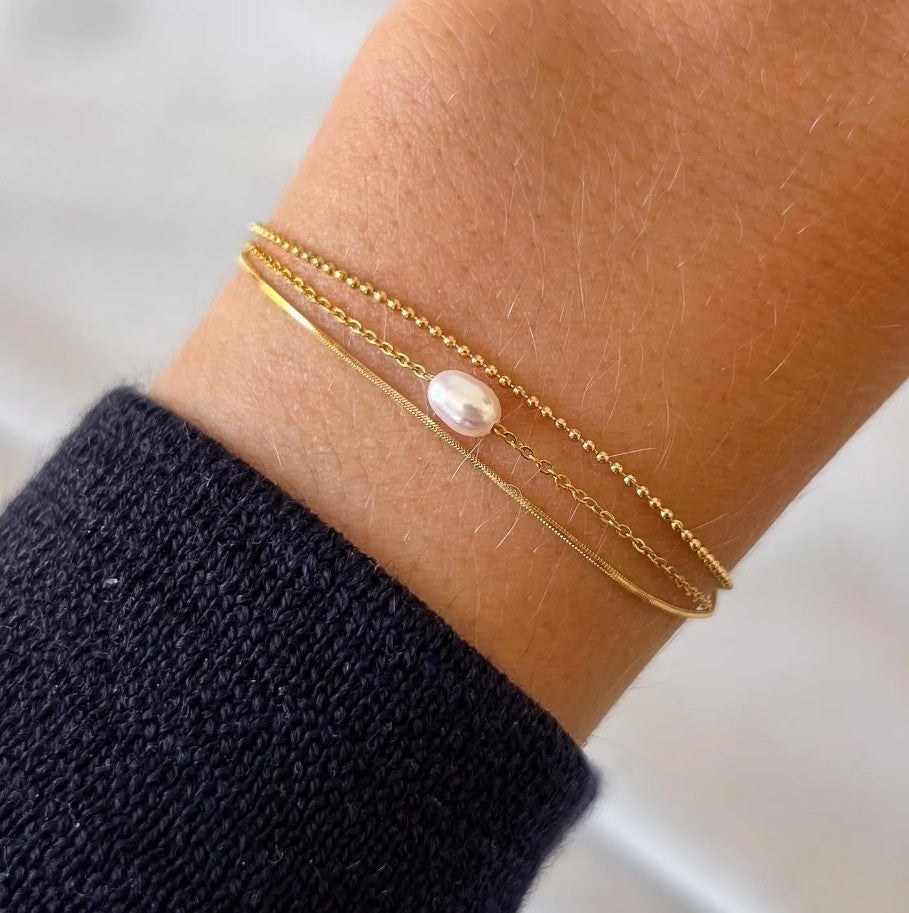 Bracelet triple chaine fine - Perle d'eau douce