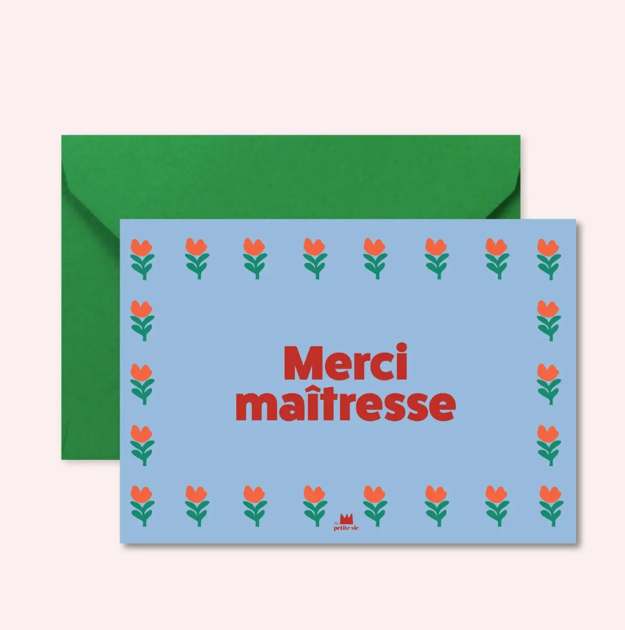 Carte avec enveloppe - Merci maîtresse - bleu fleurs
