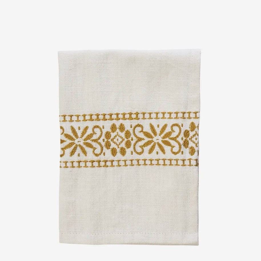 Essuie de vaisselle brodé - blanc cassé, moutarde - JOKT1360