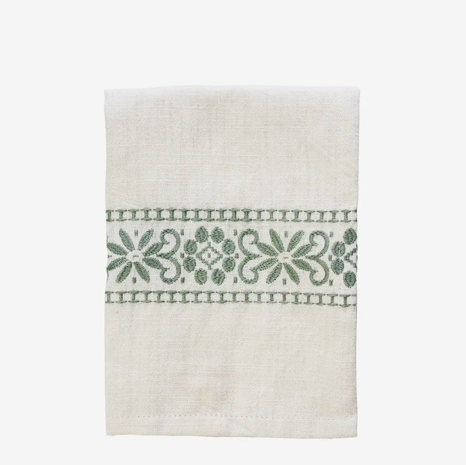Essuie de vaisselle brodé - blanc cassé, sauge - JOKT1359