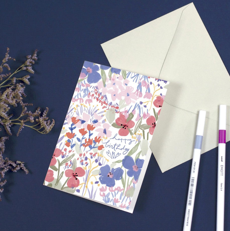 Carte double avec enveloppe - Fleurs Happy Birthday