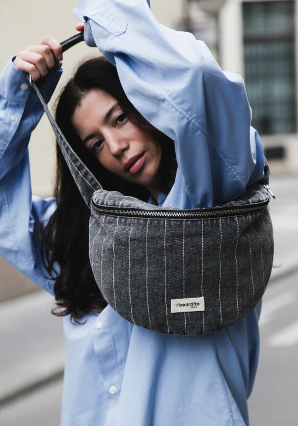 Custine XL - Le sac Banane XL - Striped black denim - Denim Twist
