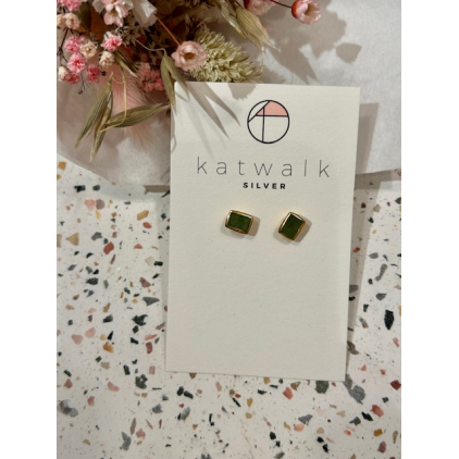 Boucles d'oreilles - or - rectangle pierre verte