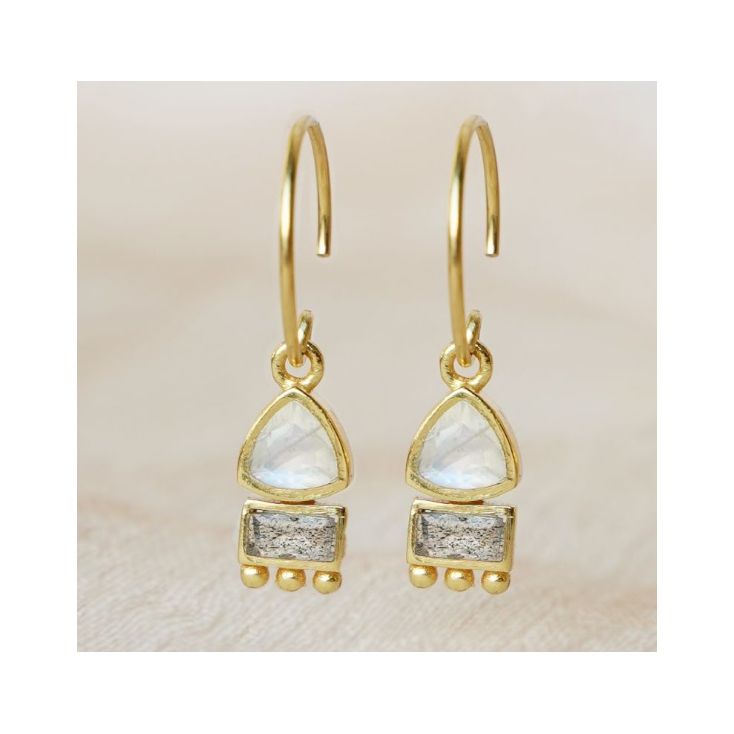 Boucles d'oreilles pendantes wihe moonstone + labradorite compact