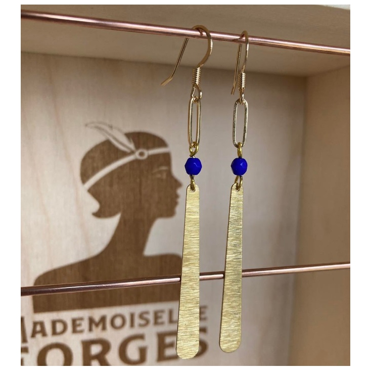 Boucles d'oreilles laiton doré - Bisou - Bleu roi