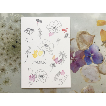 Carte Postale Double - merci (églantine et aquarelle colorée)