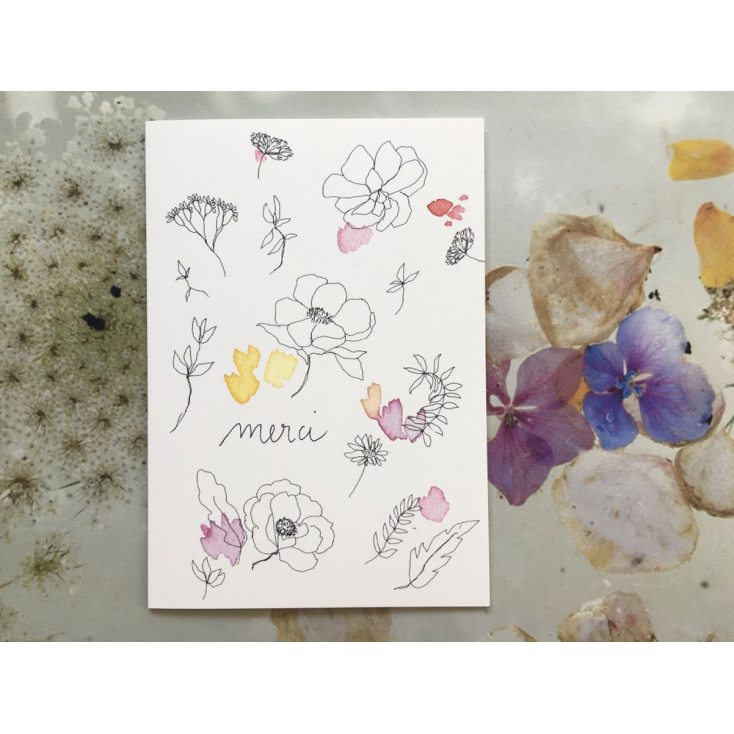Papillonnage - carte postale - merci (églantine et aquarelle colorée)