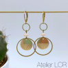 Boucles d'oreilles laiton petit cercle, perle rose, cercle et piece semi striée