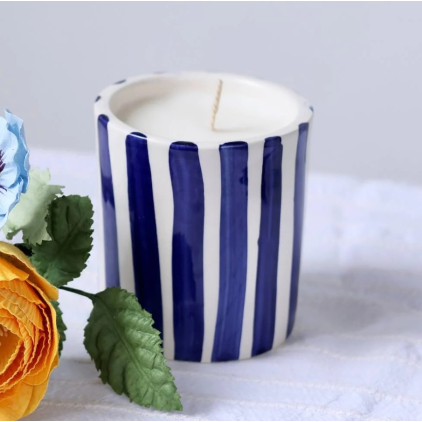 Bougie rayée - Bleu - Fleur d'amandier