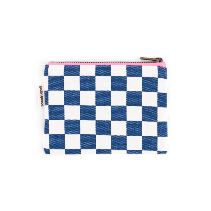 Porte-monnaie Marie imprimé damier - Ecru / bleu navy