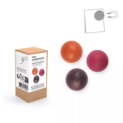 Pack de 3 petites boules magnétiques en bois - orange, rose, bordeaux