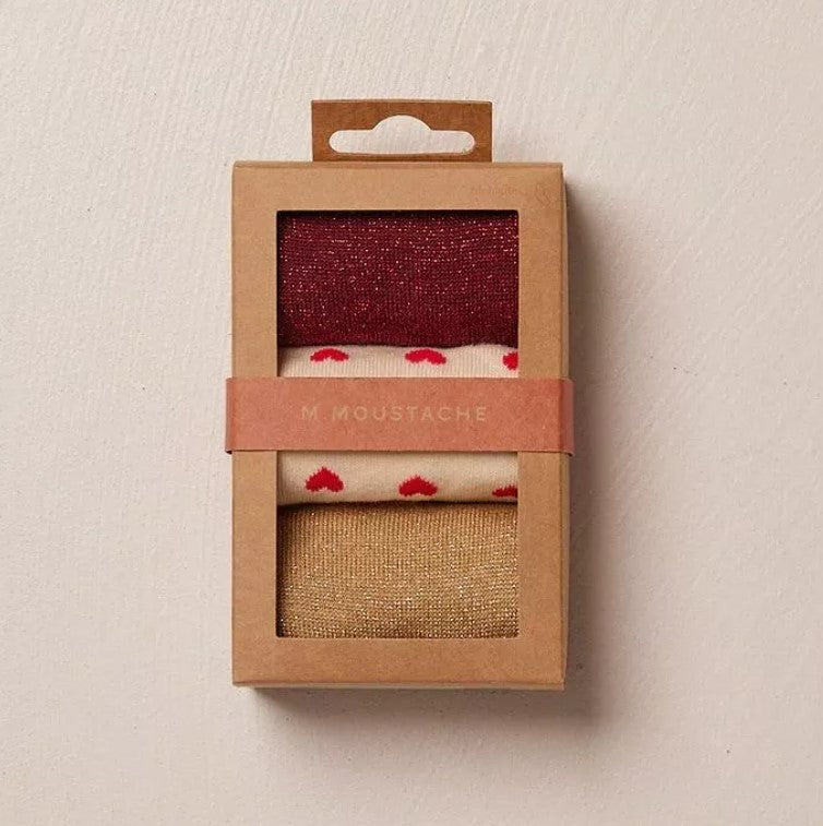Pack de 3 chaussettes - petit coeur bordeaux doré