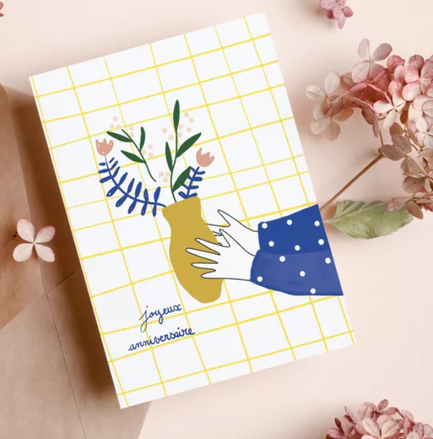 Carte double avec enveloppe - Anniversaire fleuri