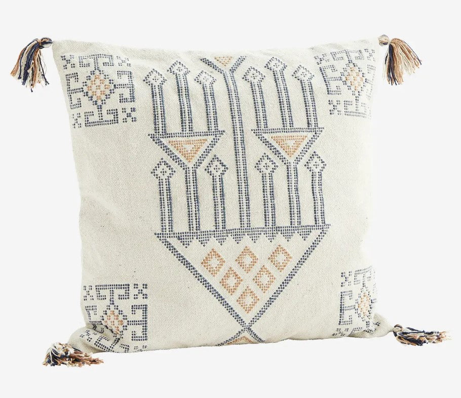 Housse de coussin tissée à la main - coton - blanc cassé/bleu/camel - AI-600A-C