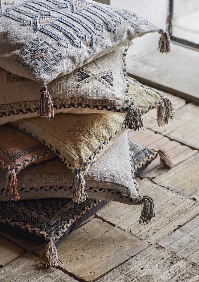 Housse de coussin tissée à la main - coton - blanc cassé/bleu/camel - AI-600A-C