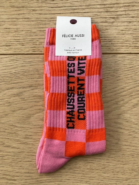 Chaussettes - Qui courent vite - damier rose - 36/40