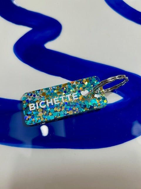 Porte clés à paillettes - Bichette - Bleu/or/vert