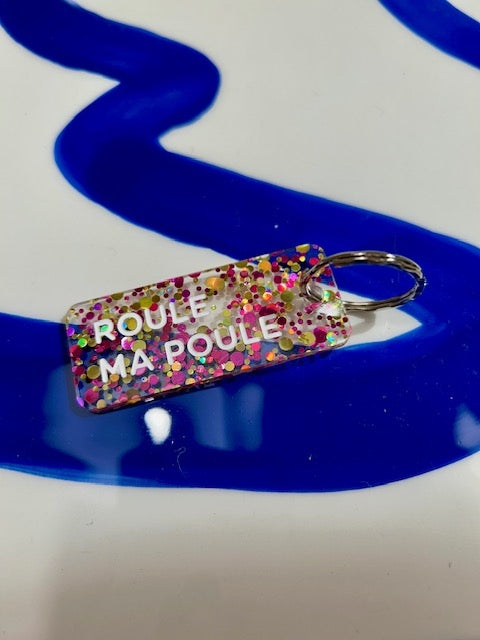 Porte clés à paillettes - Roule ma poule - Fuchsia/or
