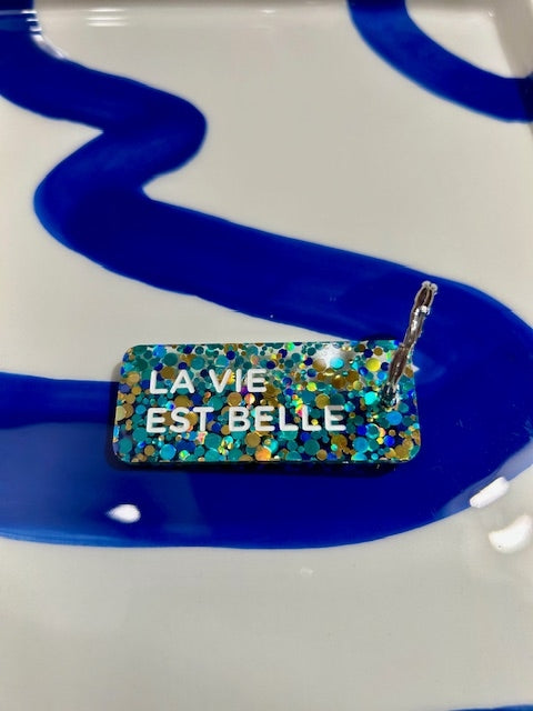 Porte clés à paillettes - La vie est belle - Bleu/or/vert