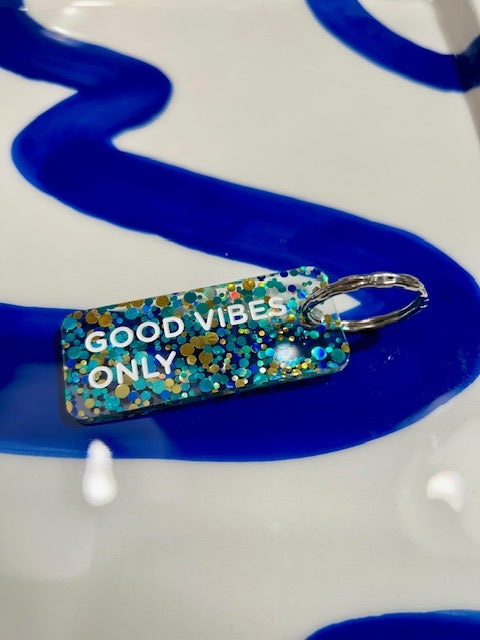 Porte clés à paillettes - Good vibes only - bleu/or/vert