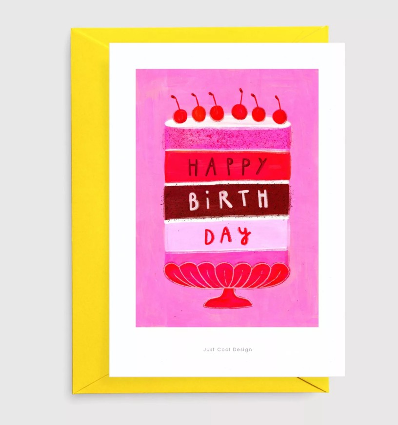 Carte postale avec enveloppe - gateau anniversaire cerises