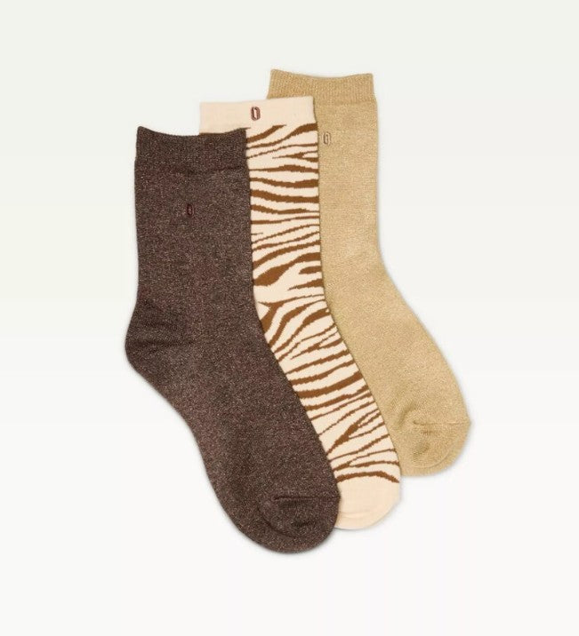 Pack de 3 chaussettes - Paillettes et zèbre marron doré