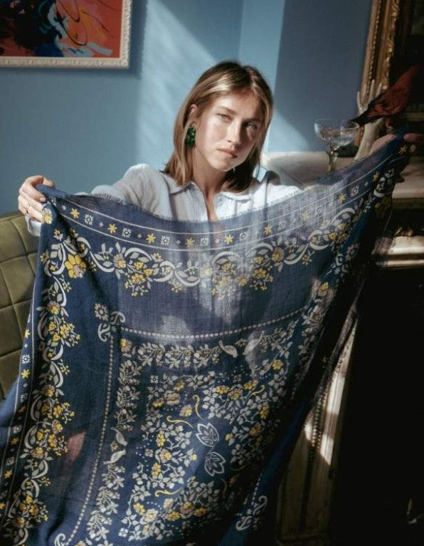 Foulard Secret Garden laine/soie- navy