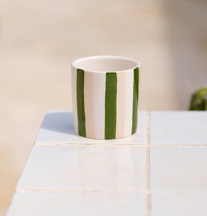 Tasse à espresso en céramique - Rayures - Vert/beige