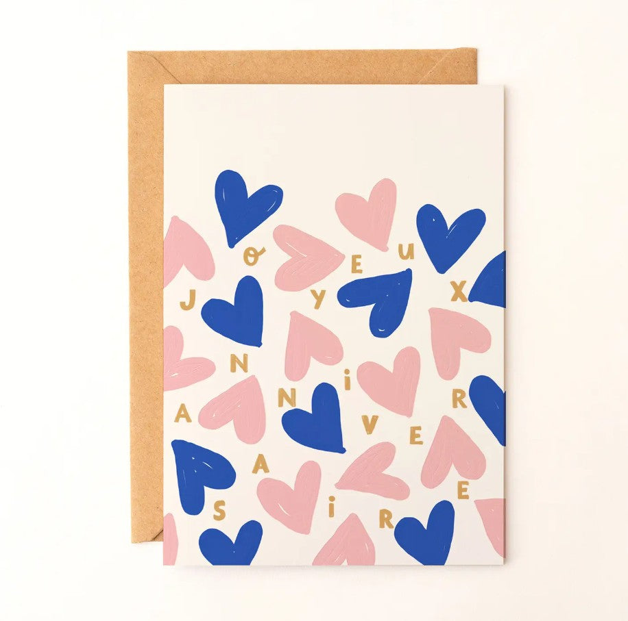 Carte avec enveloppe - anniversaire - Coeurs bleus