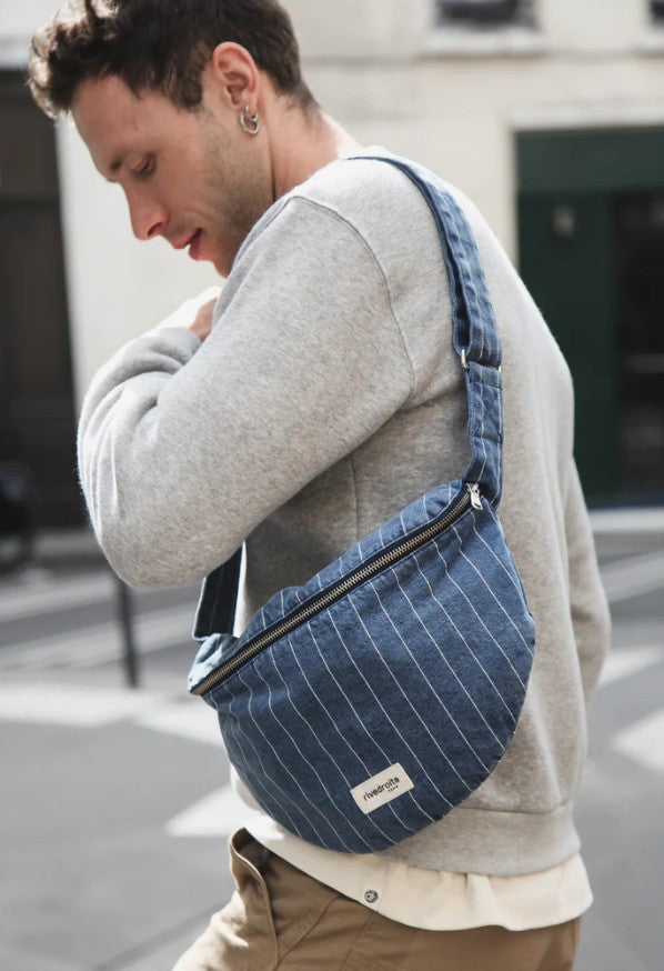 Custine XL - Le sac Banane XL - Striped black denim - Denim Twist
