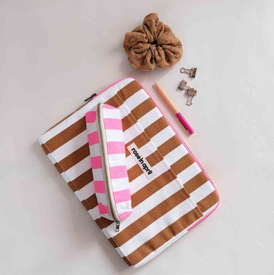 Pochette d'ordinateur Octave 13"/14" - Rayures - Caramel / ecru