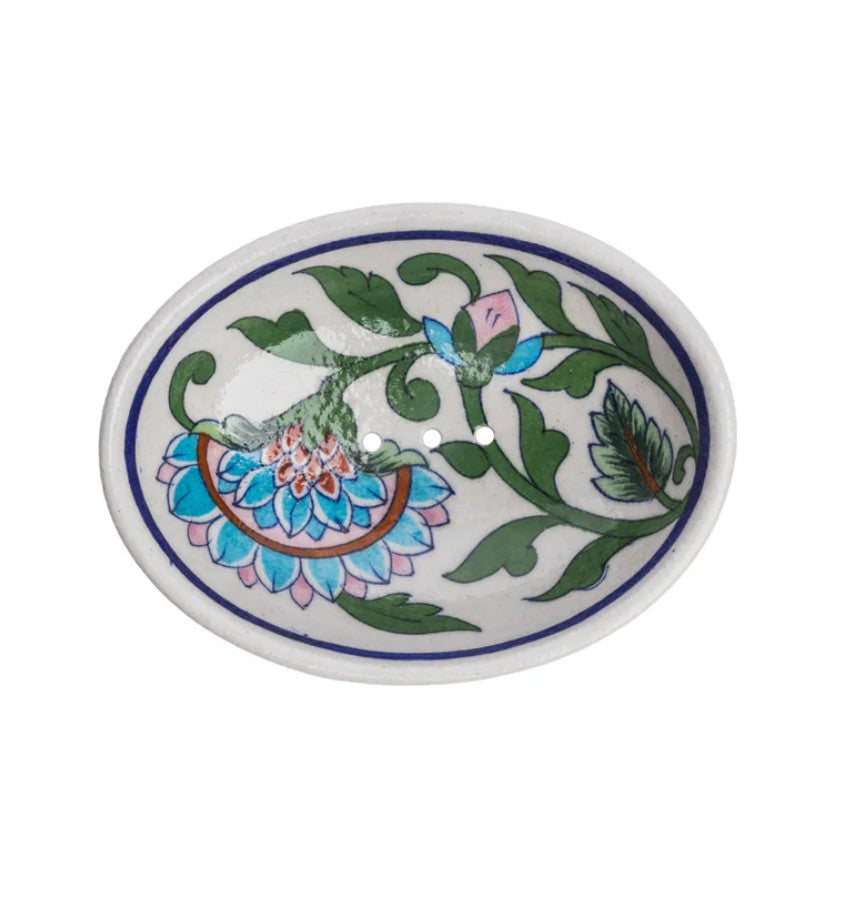 Soap Dish - blue pottery - Grande fleur turquoise - POR879